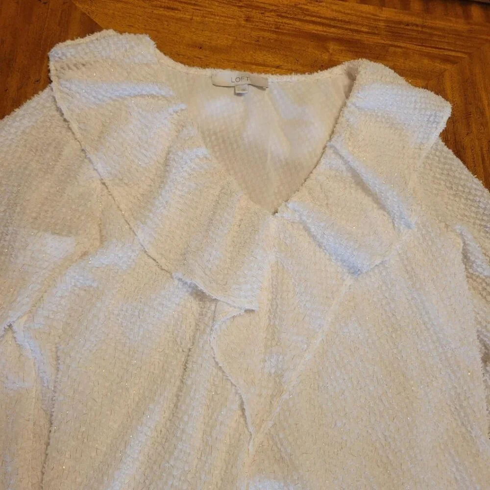 LOFT Cream with Gold Sparkle Ruffled Blouse - Picture 8 of 14